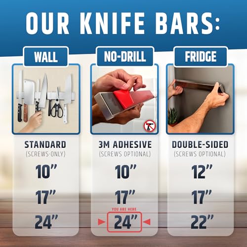 24-Inch No-Drill Magnetic Knife Holder - Strong Adhesive Stainless Steel Bar