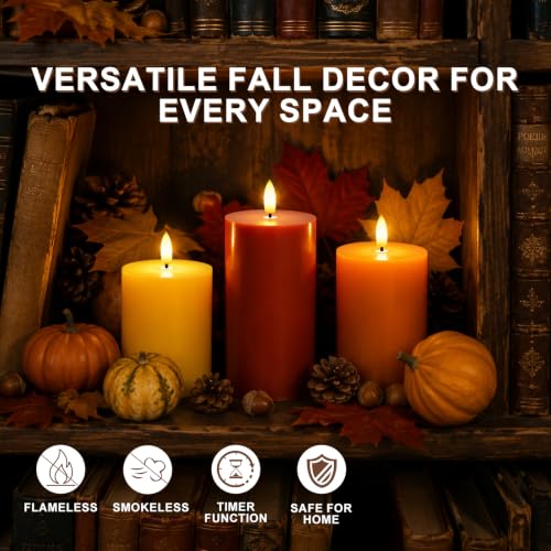 Fall Decor Flameless Pillar Candle Set - Autumn Colors, Real Wax, Safe Flicker