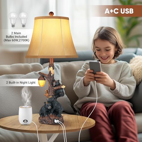 Rustic Bear Bedside Table Lamps Set of 2 with Nightlight & USB Ports