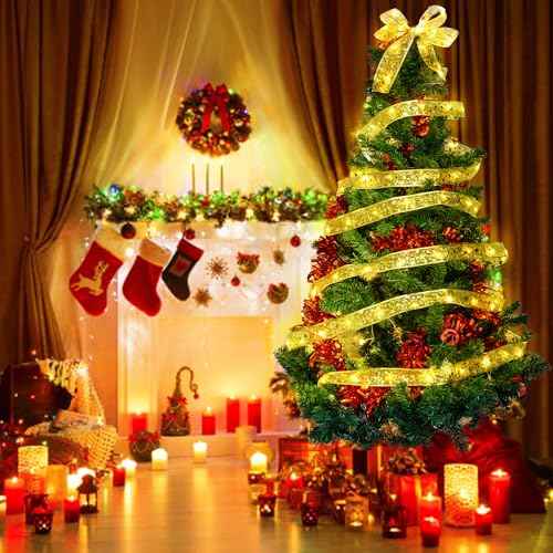 Christmas Tree Ribbon String Lights, 33FT 100 LED String Lights with Timer and 8 Lighting Modes for Christmas Tree Decoration, Fairy Lights Indoor String - Gold