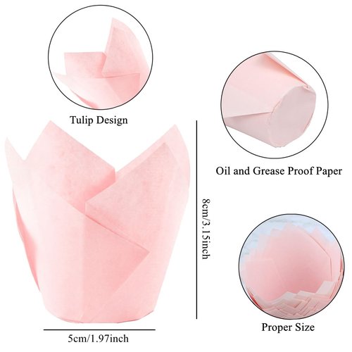 150 Pieces Tulip Cupcake Muffin Liners Paper Baking Cups Greaseproof Cupcake Wrappers for Birthday Wedding Party Baby Showers Catering Restaurants(Pink)