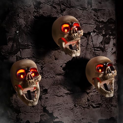 Hanging Skull Animatronics - Scary Floating Skeleton with Sound & Light-Up Eyes - Halloween Decor (3 Pack)