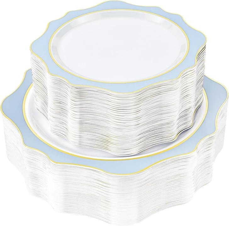 realluck 100Pcs White & Blue Plastic Plates for 50 Guests
