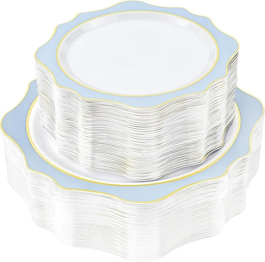 realluck 100Pcs White & Blue Plastic Plates for 50 Guests