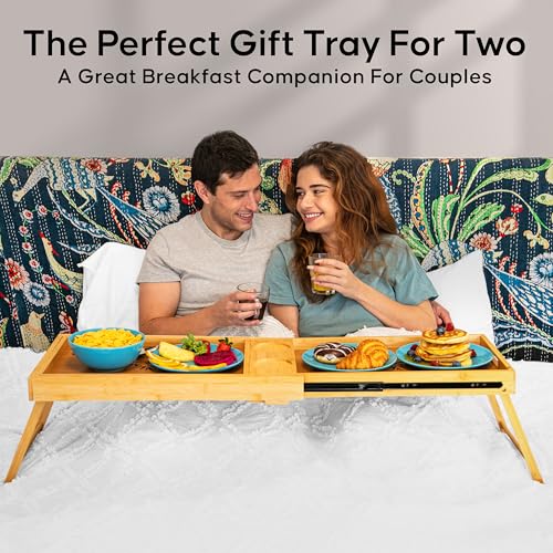 Acacia Wood Breakfast Bed Tray for Two - Couples Food & Drink Serving Table