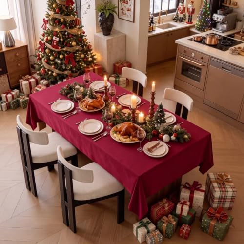 ZIWUROAD Red Waterproof Velvet Rectangle Christmas Tablecloth 70x140"