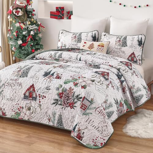 King Size Christmas Quilt Set White by Dobuyly — 110 x 90 Quilt + 2 Sham Shams, Xmas Tree Reindeer Decor