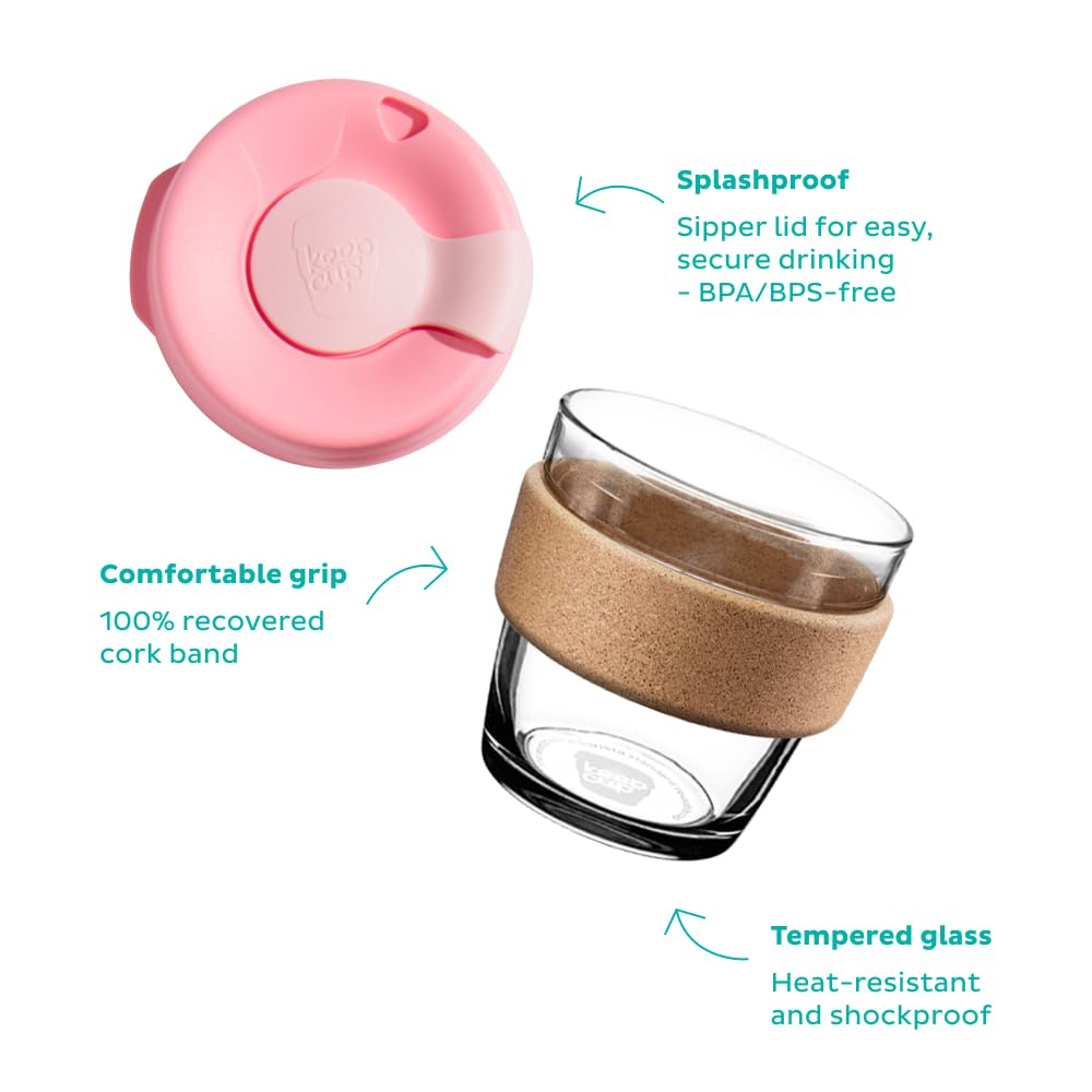 KeepCup Brew Cork, Reusable Glass Tumbler with Natural Cork, Espresso Coffee Cup 6oz / 227ml - Black