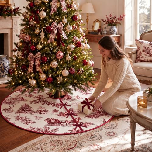 Foilswirl 48'' Red Toile de Jouy Christmas Tree Skirt - Vintage Santa Scene
