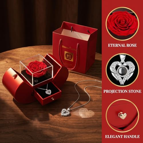 Moshen Preserved Real Red Rose with I Love You Necklace in 100 Languages - Romantic Gift for Girlfriend, Wife, Mom, Women - Christmas, Valentine's, Mother's Day