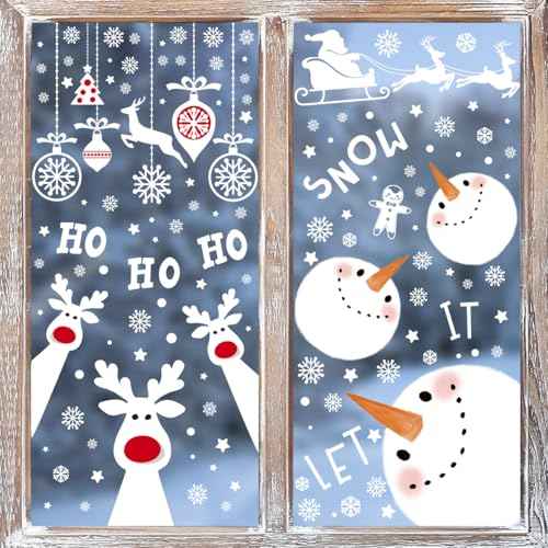 Horaldaily 264 PCS Christmas Window Cling Sticker, Deer Snowman Gifts for Home Party Supplies Shop Window Glass Display Decoration