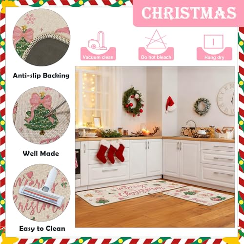 Pink Christmas Kitchen Rugs Set - Santa, Tree & Bow Holiday Floor Mats 17x27 & 17x47 inches