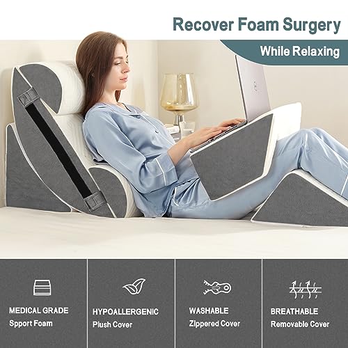 Yojoker 6-Piece Memory Foam Orthopedic Bed Wedge Pillow Set for Post Surgery & Pain Relief – White Grey