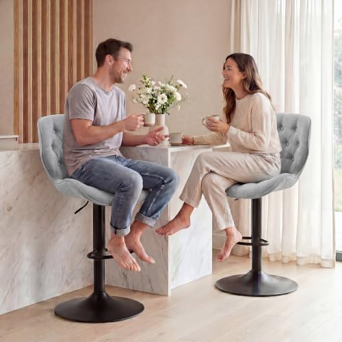 Grey Set of 2 Adjustable Swivel Bar Stools with Backrest - Modern Chenille Fabric