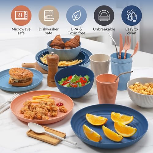 Hommaly 64-Piece Wheat Straw Dinnerware Set for 8, Unbreakable & Reusable