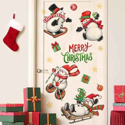 Mfault Merry Christmas Snowman Wall Decals Stickers, Xmas Tree Sleigh Peppermint Candy Decorations Bedroom Art, Snowflake New Year 2026 Party Home Kitchen Decor Winter Holiday Gift