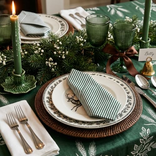 Set of 12 Christmas Green Striped Linen Cotton Napkin 18" x