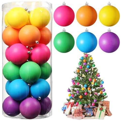 Christmas Ball Ornaments Neon Color Christmas Tree Decorations Xmas Tree Decor Colored Shatterproof Baubles Plastic Holiday Hanging Balls for Xmas Party(24 Pcs,1.18 Inch)