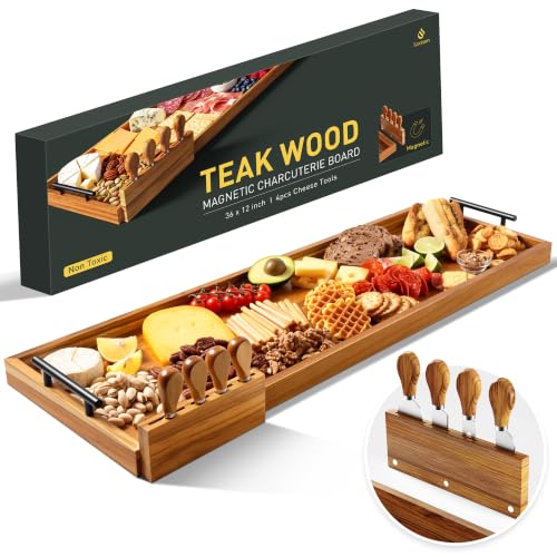 Socisen 36" Teak Charcuterie Board with 4-Piece Cheese Knife Set & Handles