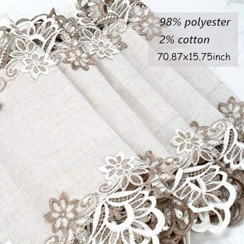 Traditional Lace Table Runner with Floral Trim - Ivory, 70.87x15.75 inches, Polyester Blend