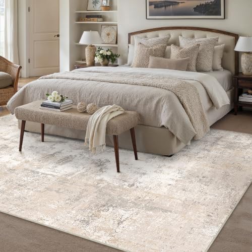 Beige Grey Abstract Area Rug 8x10 Low Pile Non-Slip Modern Home Decor
