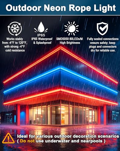 RGB 32.8FT Neon Rope Light with Remote - 16 Colors, Dimmable, Waterproof, Expandable, ETL Certified