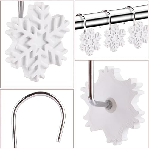 Christmas Shower Curtain Hooks,12pcs White Snowflake Shower Curtain Rings Resin Rust Resistant Winter Christmas Decoration for Bathroom Bedroom and Living Room