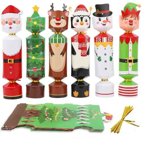 24 Packs DIY Christmas Cracker Kit No Snap Xmas Party Table Favors Snowflake Reindeer Christmas Party Cracker Candy Boxes for Holiday Dinner Decoration Gift