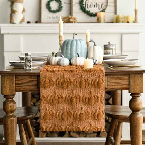 Artoid Mode Caramel Soft Plush Faux Fur Jacquard Pumpkins Fall Table Runner, Seasonal Autumn Kitchen Dining Table Decoration for Home Party Decor 13x36 Inch