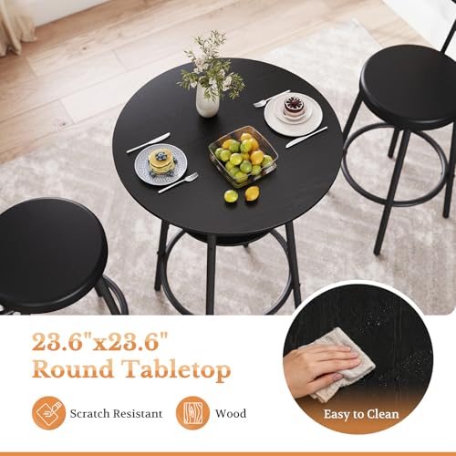 Kiivakii 3-Piece Round Bar Table Set with 2 Stools - Black, Storage Rack