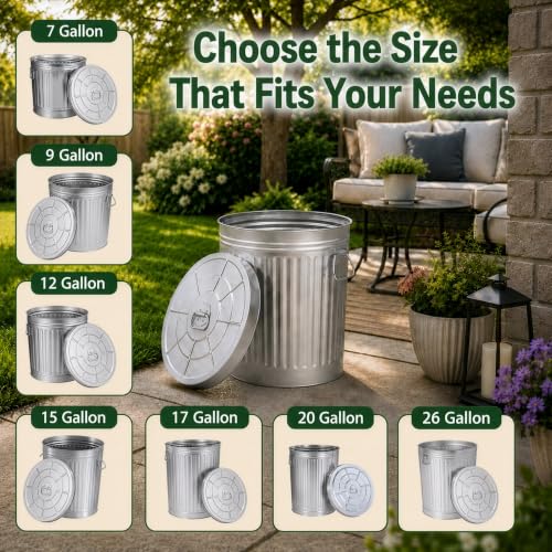15 Gallon Galvanized Steel Trash Can with Lid Handles for Indoor & Outdoor Use - Weather-Resistant Storage Bucket