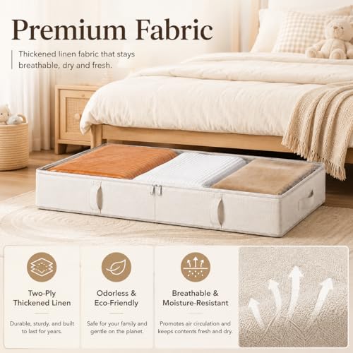 Beige Underbed Storage Container - 6 Inches Tall 60L with Handles & Clear Window - 2-Pack