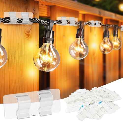 Dazzle Bright Hooks for Outdoor String Lights Clips, 60Pcs Heavy Duty Cable Clips Waterproof Adhesive Strips for Hanging Christmas Light, Outside UV-Resistant Clear Sticky Cord Holders Rope Organizer