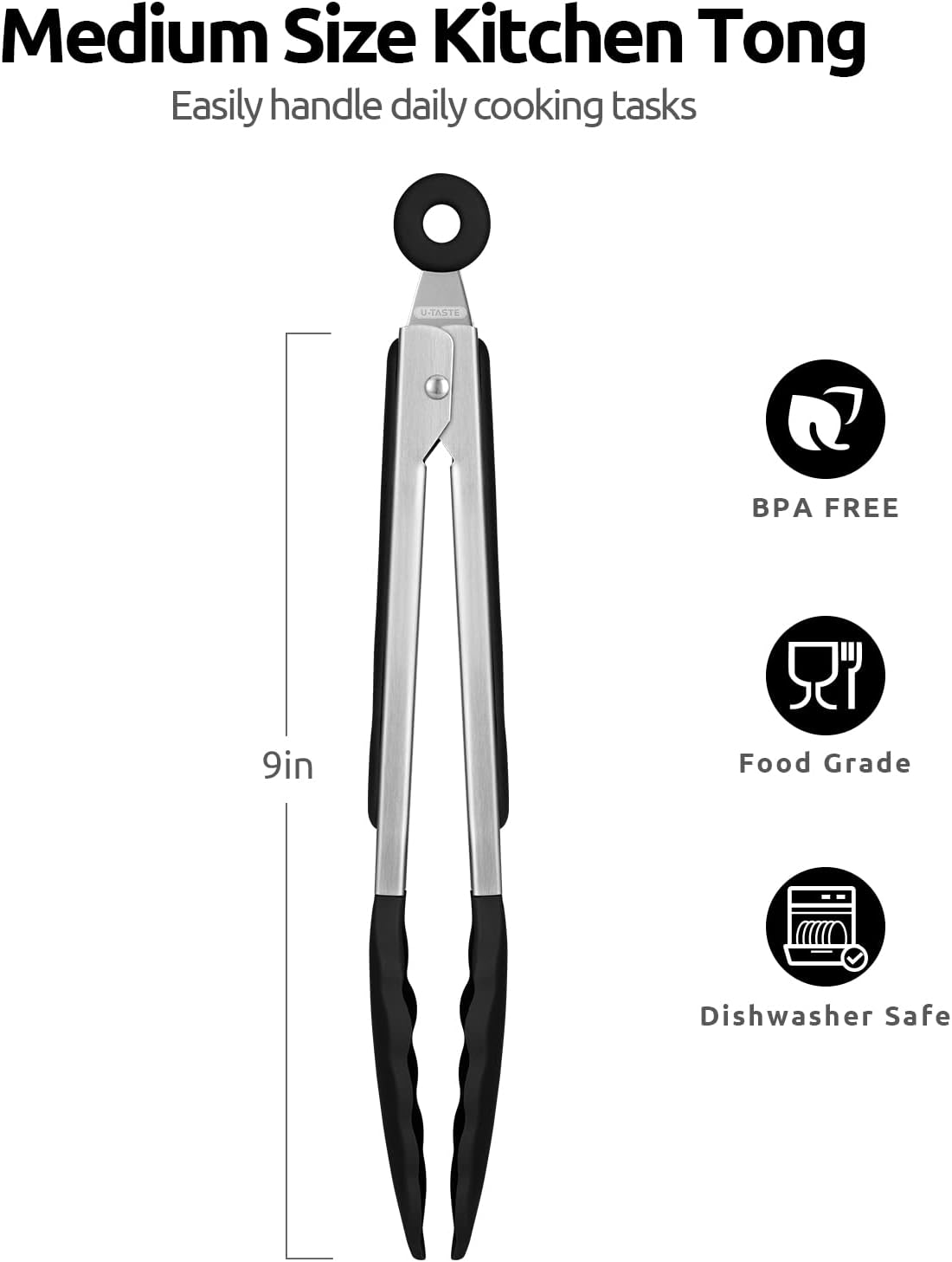 U-Taste 9-Inch Silicone Cooking Tongs - 600ºF Heat Resistant with Non-Stick Tips & Smooth Locking (Black)