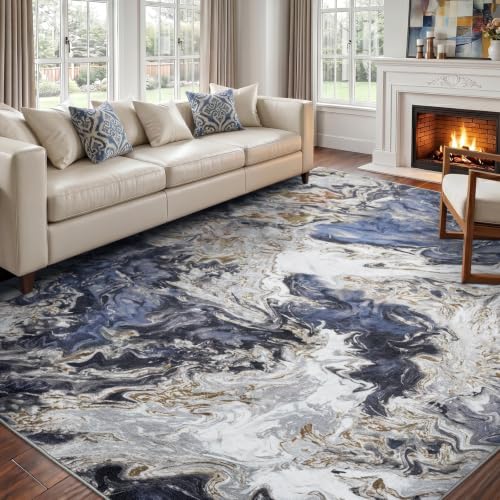 Blue Coastal Area Rug 8x10 Washable Non-Slip Living Room Carpet - Modern Abstract Design