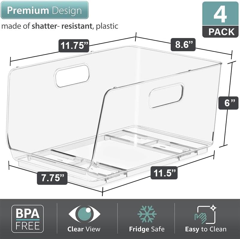 Sorbus Stackable Storage Bins - Clear Open Front Pantry Organizers for Kitchen | Medium 4 Pack