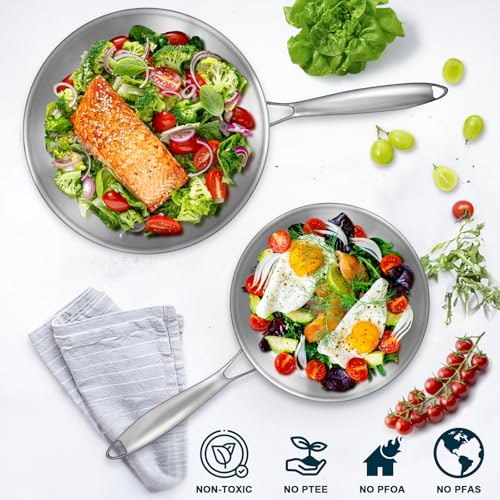 8+10+12 Inch Tri-Ply Stainless Steel Frying Pan Set with Lids - PFOA & PTFE Free