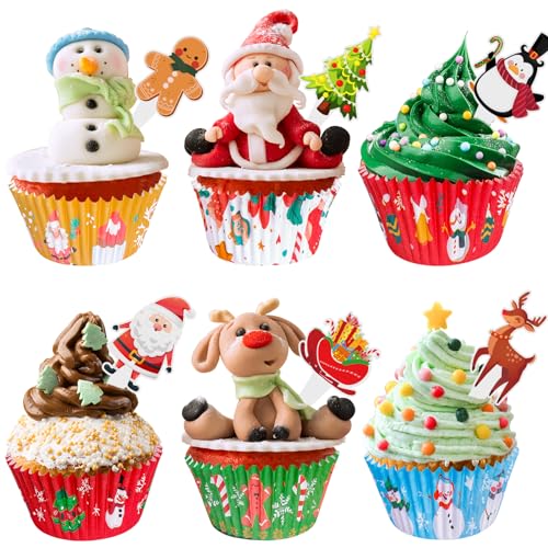 Christmas Cupcake Liners with Toppers Picks, Standard Wrappers Cupcake Disposable Baking Cups Muffin Liners for Xmas Holiday Party Favors, Party Decorations for Christmas Baking Supplies