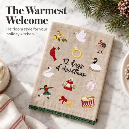 Mud Pie 12 Days of Christmas Embroidered Kitchen Towel, 21x14in Chambray