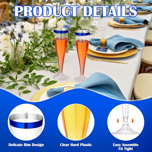 Jingmore 60 Pcs Disposable Plastic Champagne Flutes - Blue Rim