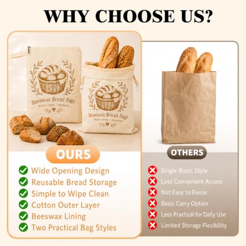 Cream Beige Reusable Beeswax Bread Bags Set - XL Cotton Sourdough Storage with Buckle & L-Shaped Zipper