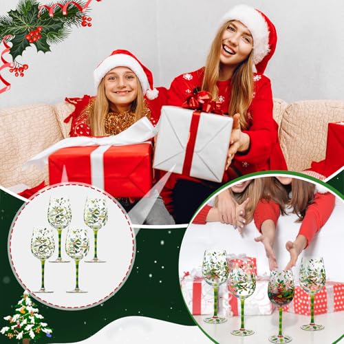 SiliFine 4 Pcs Christmas Holly Berry Stemmed Wine Glasses Set with Holiday Design