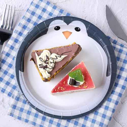 Sliner 50 Pcs Penguin Disposable Round Paper Plates 7 Inch Penguin Party Cake Plates Disposable Dinnerware Birthday Decorations for Picnic Christmas Party Supplies