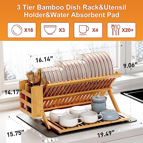Natural 3-Tier Bamboo Dish Drying Rack with Utensil Holder & Absorbent Mat - Collapsible Kitchen Organizer