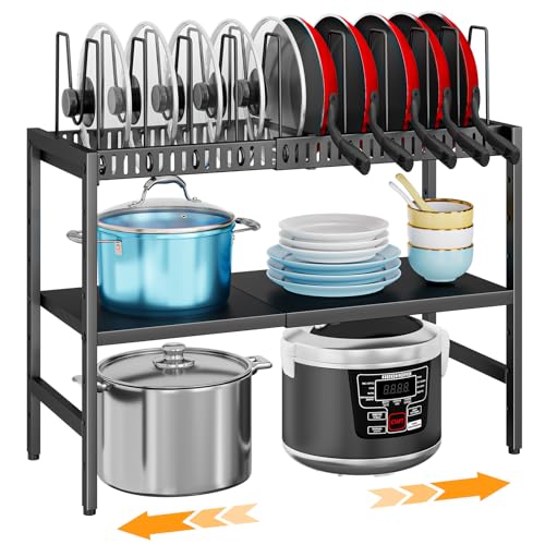 Cottage Charm Black 2-Tier Expandable Pot and Pan Organizer for Kitchen Cabinets