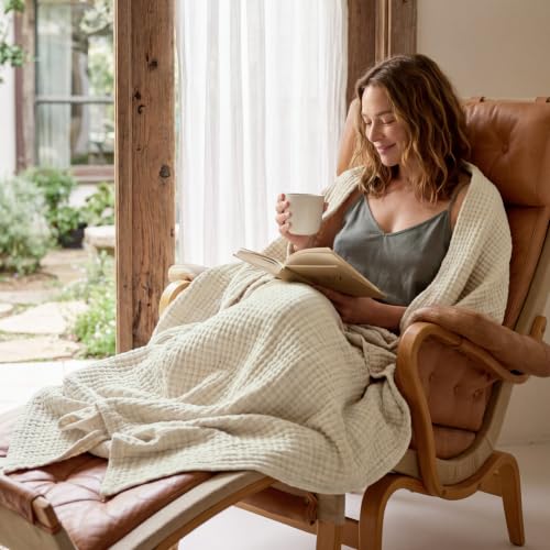 Twin XL Cotton Muslin Blanket - 4-Layer Linen Beige Bed Cover for Dorm