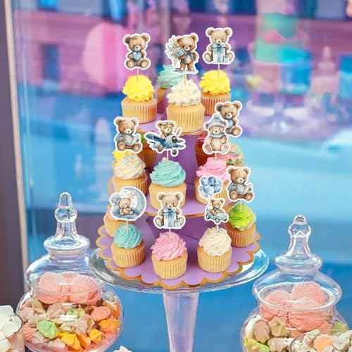 32PCS Baby Shower Bear Cupcake Toppers Airplane Car Balloon Moon Gift Bear Cake Topper Decorations Baby Theme Birthday Party Cake Decorative Supplies