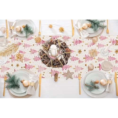 Christmas Table Runner 13x72 Inch, Pink Merry Christmas Trees Table Decors for Seasonal Winter Xmas Holiday Farmhouse Home Kitchen Dining Party