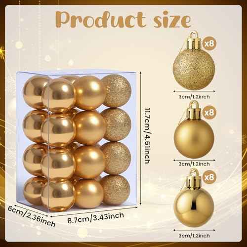 24 Pack Mini Shatterproof Christmas Balls - Small Hanging Ornaments for Trees Christmas Party Decorations, 1.2 Inch (Gold)
