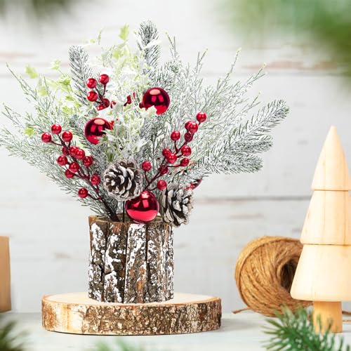 Red 14 Inch Christmas Table Centerpiece Small Potted Tree with Lights, Pine Cones & Berries